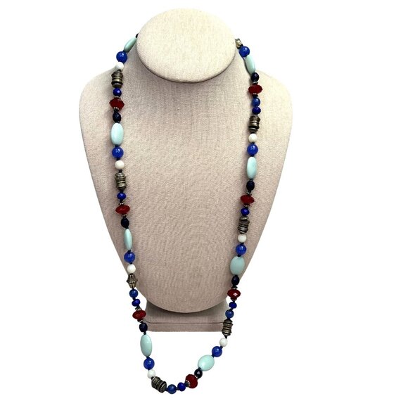 Beaded Necklace Blue Red Mint Green Silver Tone Long 31" - Picture 1 of 5